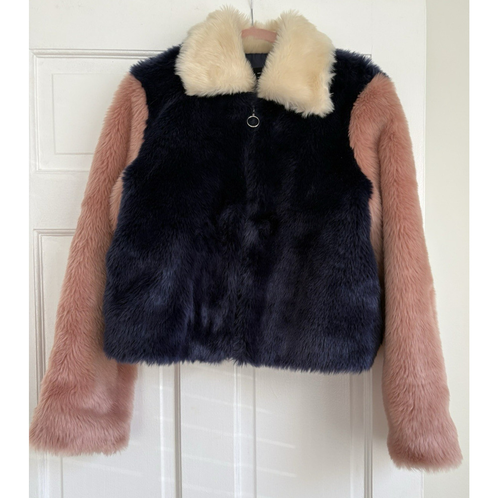 Rehab Faux Fur Color Block Cropped Coat Mob Wife Retro Maximalist Boho | M